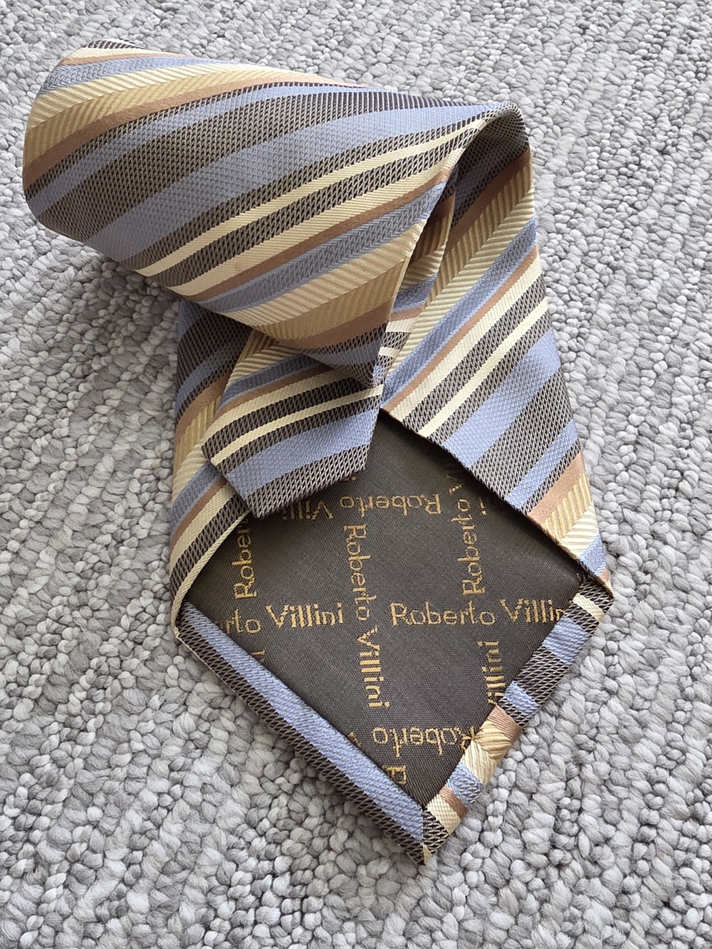 Roberto Villini Men’s Striped Silk Tie in Blue, Gold and Brown